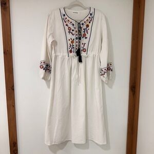 Shineflow Embroidered Boho Midi Dress Womens Large White Floral Tassel | Folk